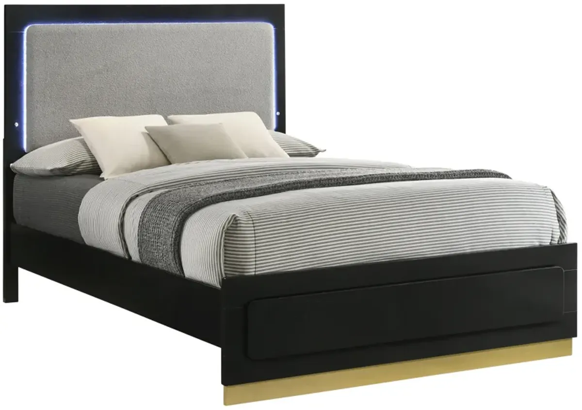 Caer Queen Size Bed, LED Panel Tall Headboard, Gray Upholstery, Black Okume -