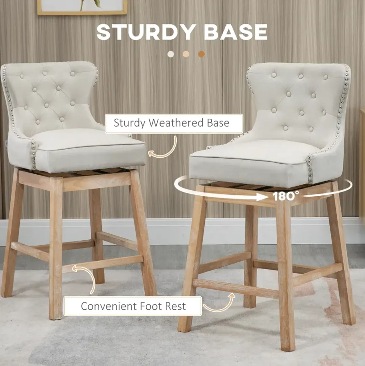 HOMCOM Upholstered Fabric Bar Height Bar Stools, 180° Swivel Nailhead-Trim Pub Chairs, 30" Seat Height with Rubber Wood Legs, Set of 2, Cream