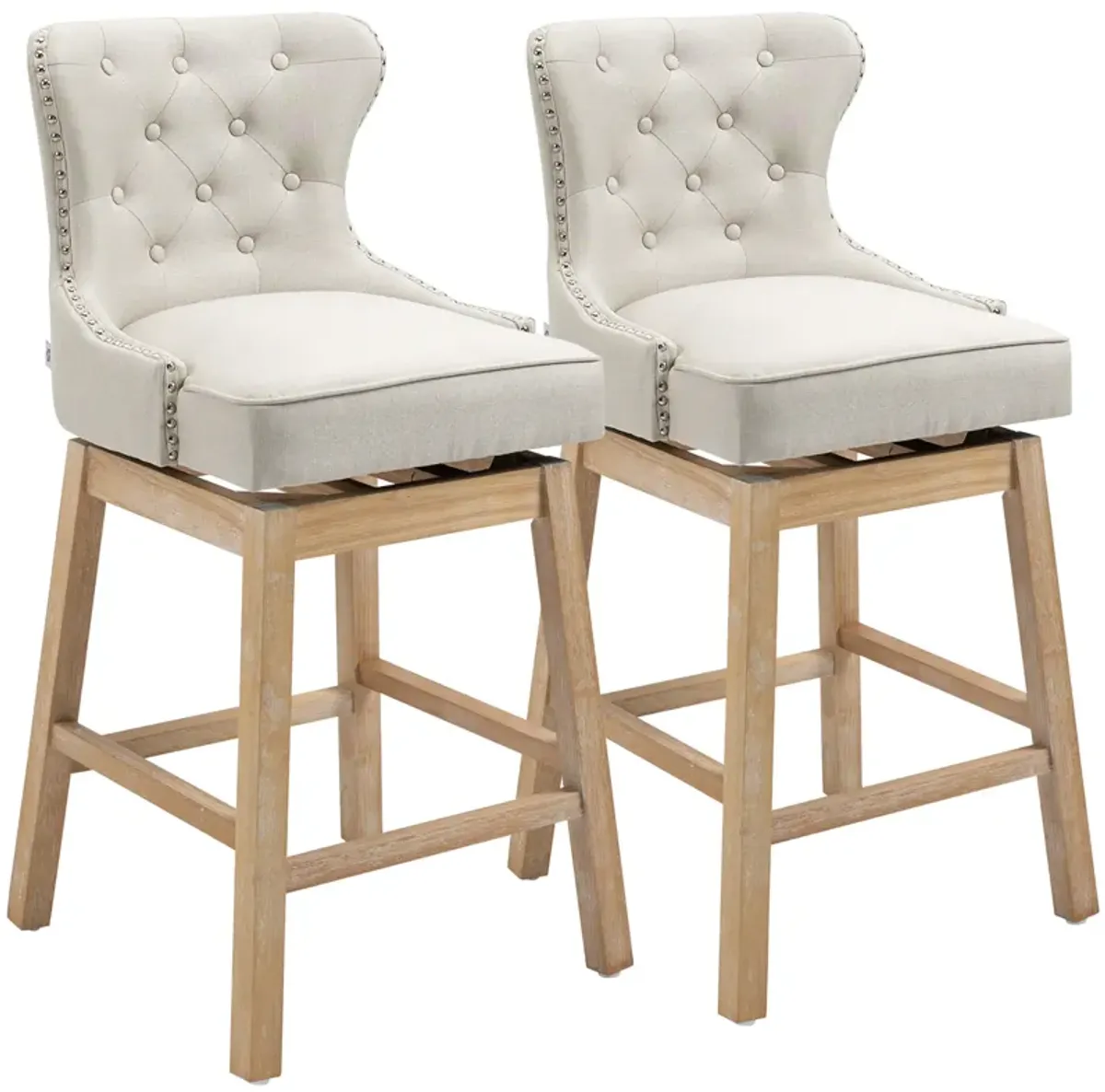 HOMCOM Upholstered Fabric Bar Height Bar Stools, 180° Swivel Nailhead-Trim Pub Chairs, 30" Seat Height with Rubber Wood Legs, Set of 2, Cream