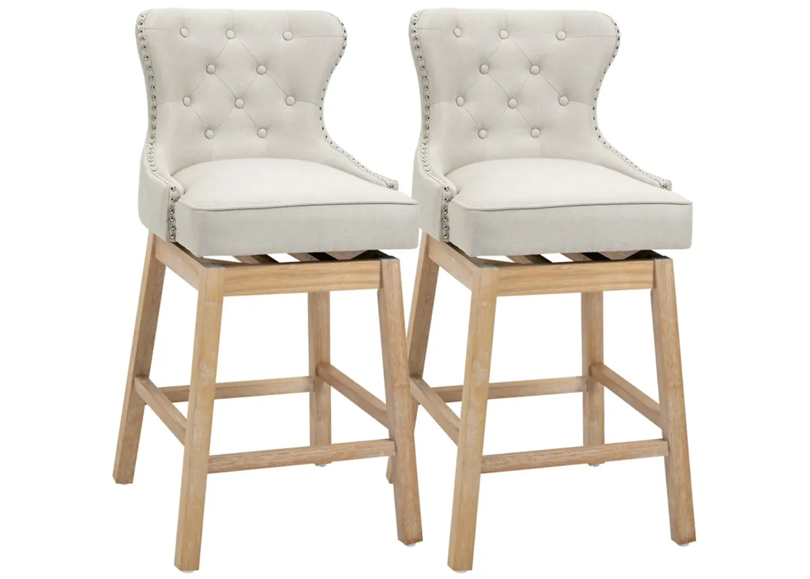 HOMCOM Upholstered Fabric Bar Height Bar Stools, 180° Swivel Nailhead-Trim Pub Chairs, 30" Seat Height with Rubber Wood Legs, Set of 2, Cream