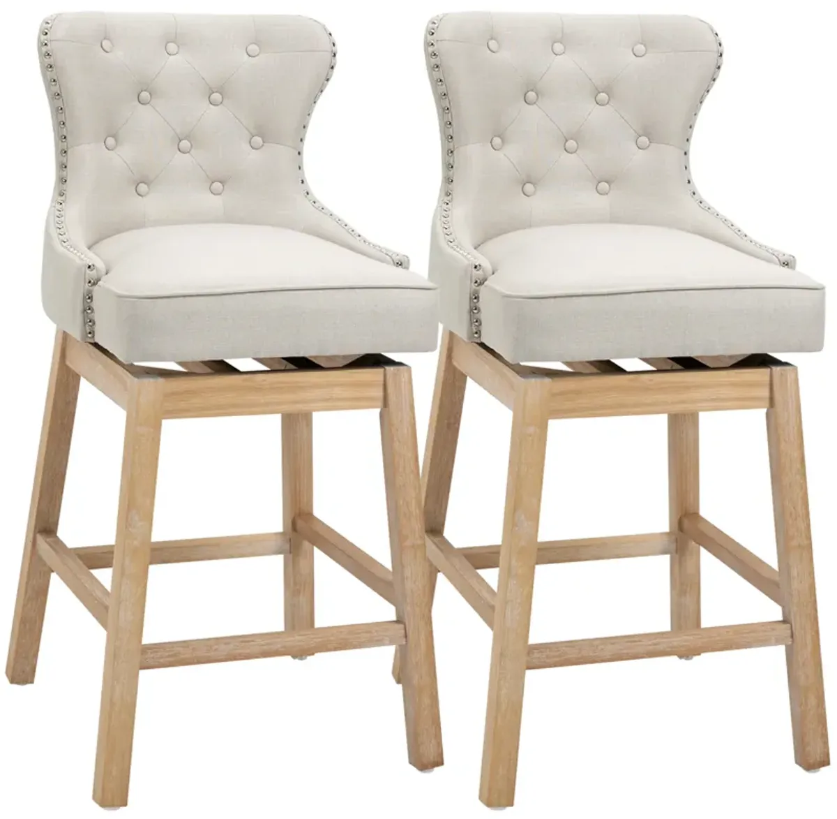 HOMCOM Upholstered Fabric Bar Height Bar Stools, 180° Swivel Nailhead-Trim Pub Chairs, 30" Seat Height with Rubber Wood Legs, Set of 2, Cream