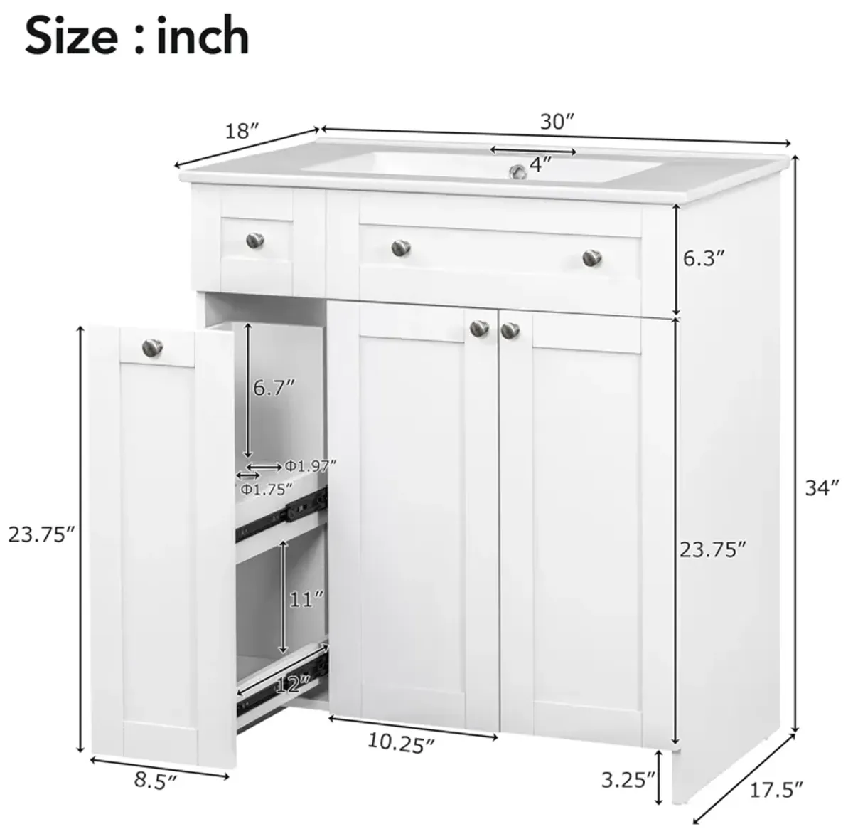 Gewnee 30-Inch Blue Bathroom Vanity with Ceramic Sink Combo, Abundant Storage Cabinet - 2 Soft close Doors and Double-tier Deep Drawer