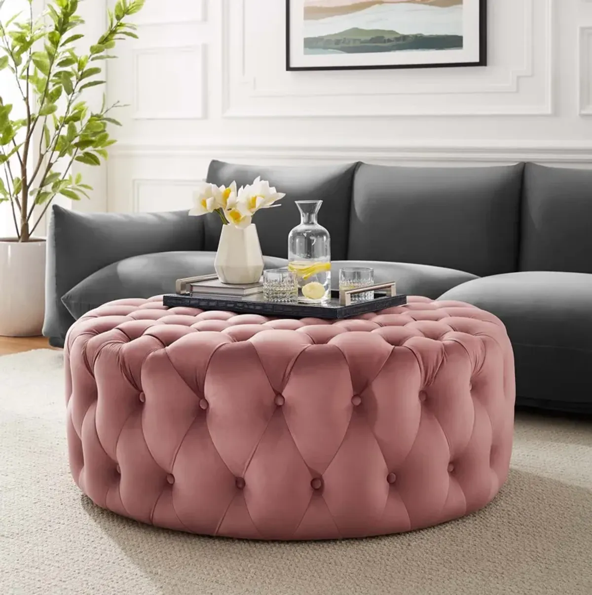 Amour Tufted Button Large Round Performance Velvet Ottoman