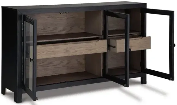 Liam 60 Inch Sideboard Accent Cabinet, 3 Glass Door, Gray and Black Wood - Benzara
