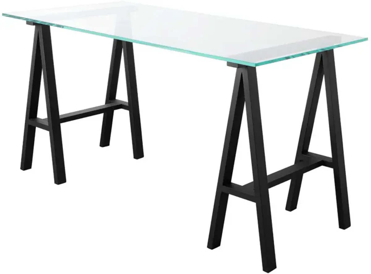 Rani 55 Inch Office Desk, Tempered Glass Top, Modern Black Steel Frame - Benzara