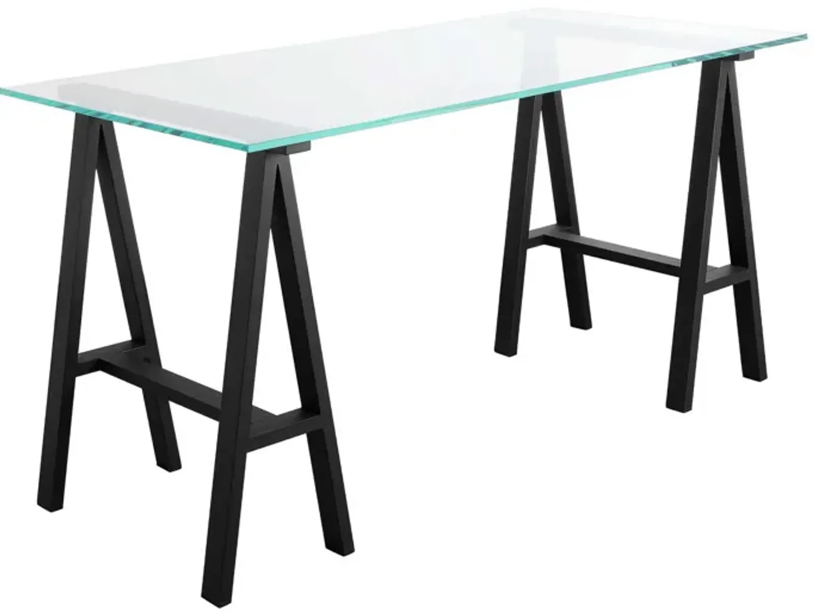 Rani 55 Inch Office Desk, Tempered Glass Top, Modern Black Steel Frame - Benzara