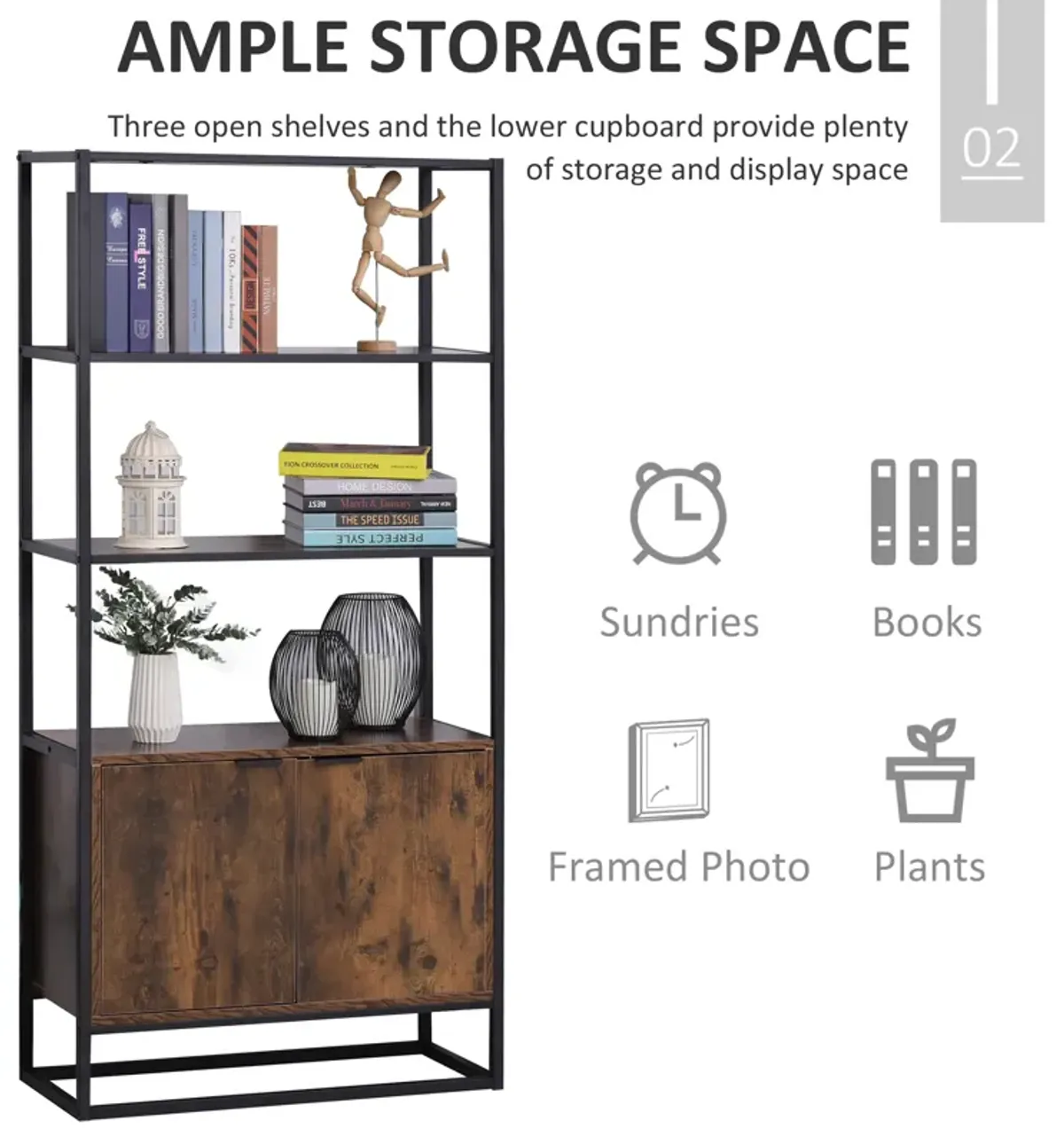 Tall Wooden Rustic 3-Tier Open Space Shelving with Bottom Hutch Storage Unit