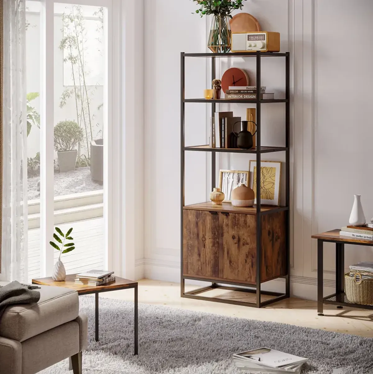 Tall Wooden Rustic 3-Tier Open Space Shelving with Bottom Hutch Storage Unit