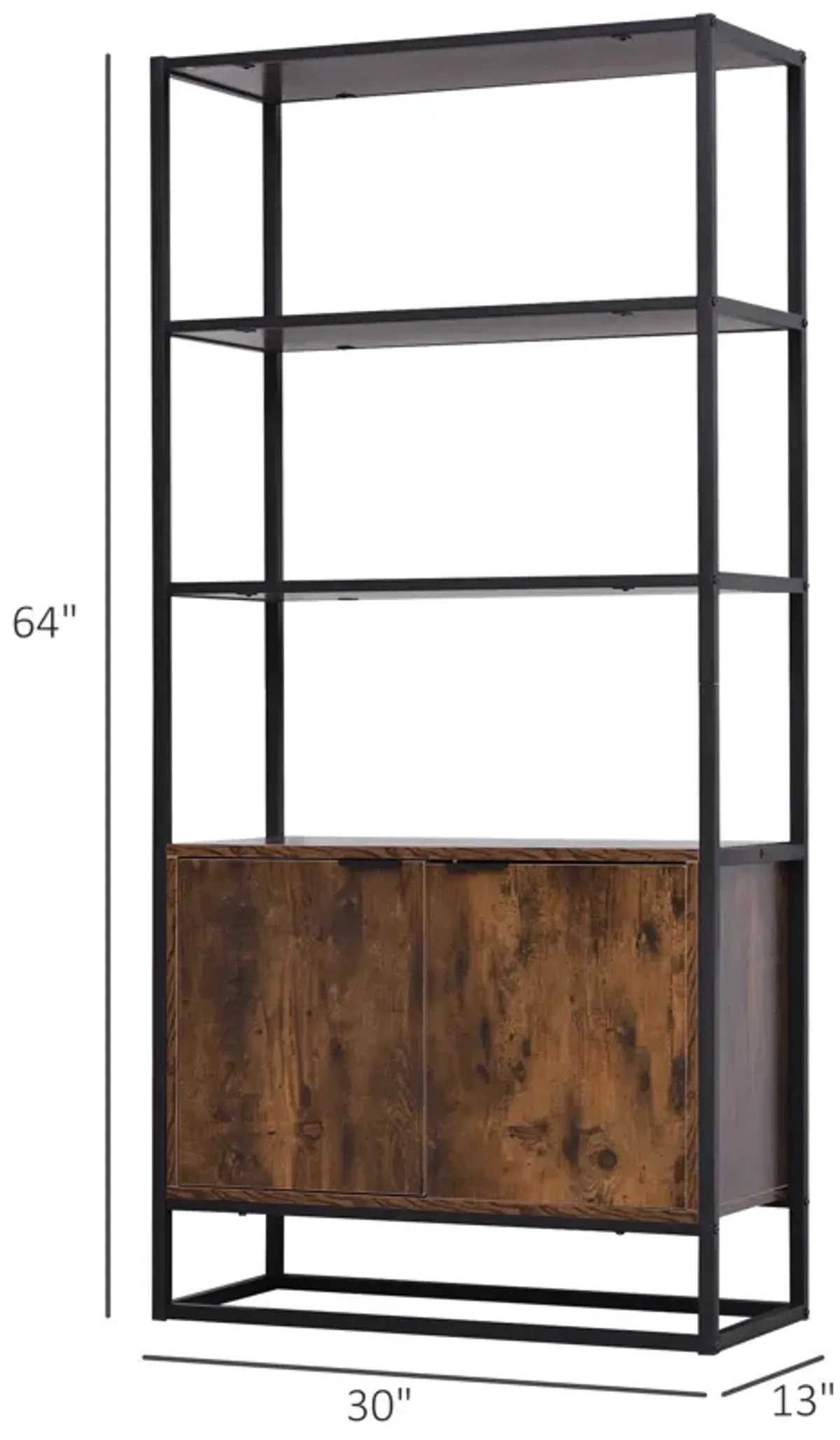 Tall Wooden Rustic 3-Tier Open Space Shelving with Bottom Hutch Storage Unit