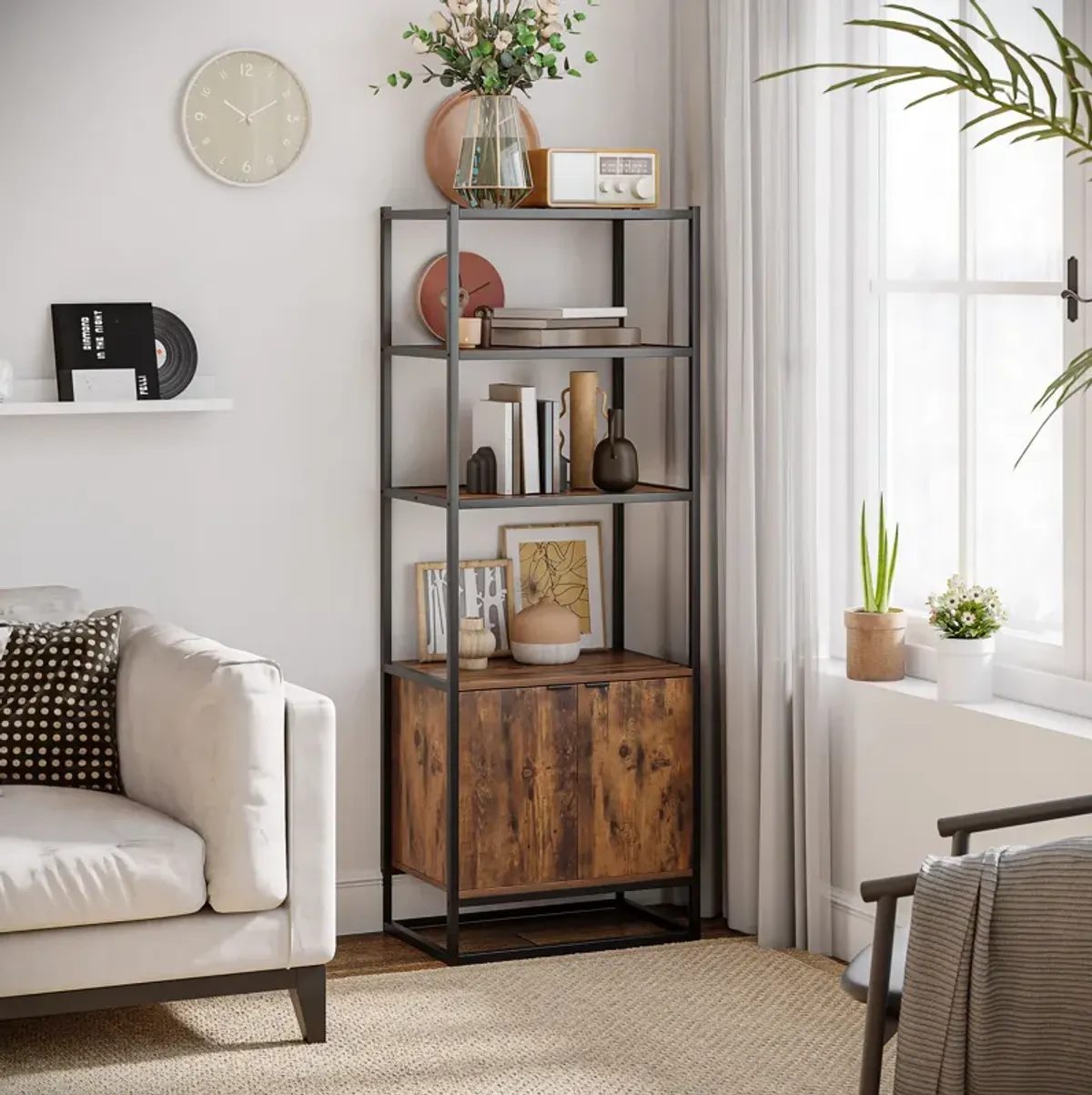 Tall Wooden Rustic 3-Tier Open Space Shelving with Bottom Hutch Storage Unit