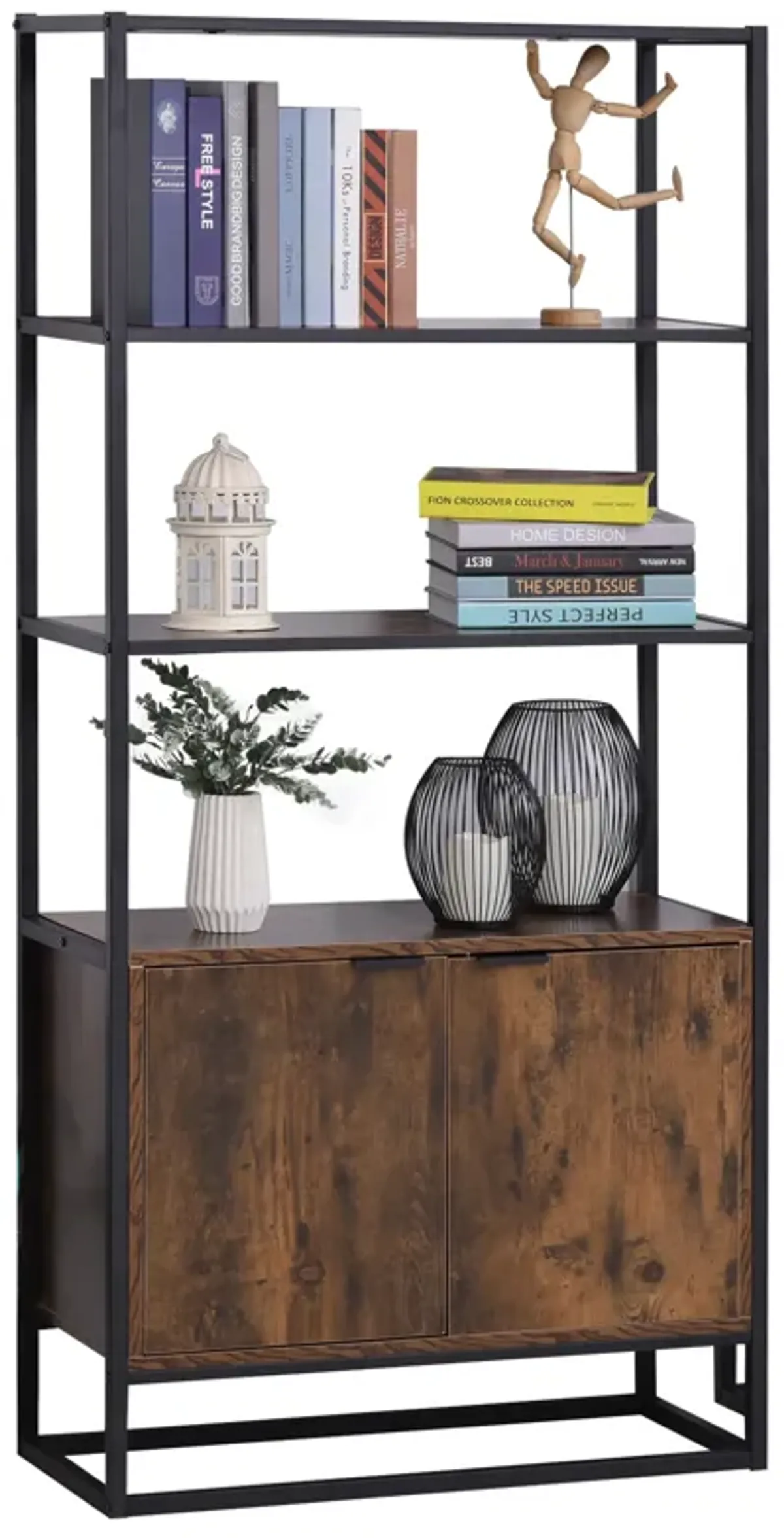 Tall Wooden Rustic 3-Tier Open Space Shelving with Bottom Hutch Storage Unit