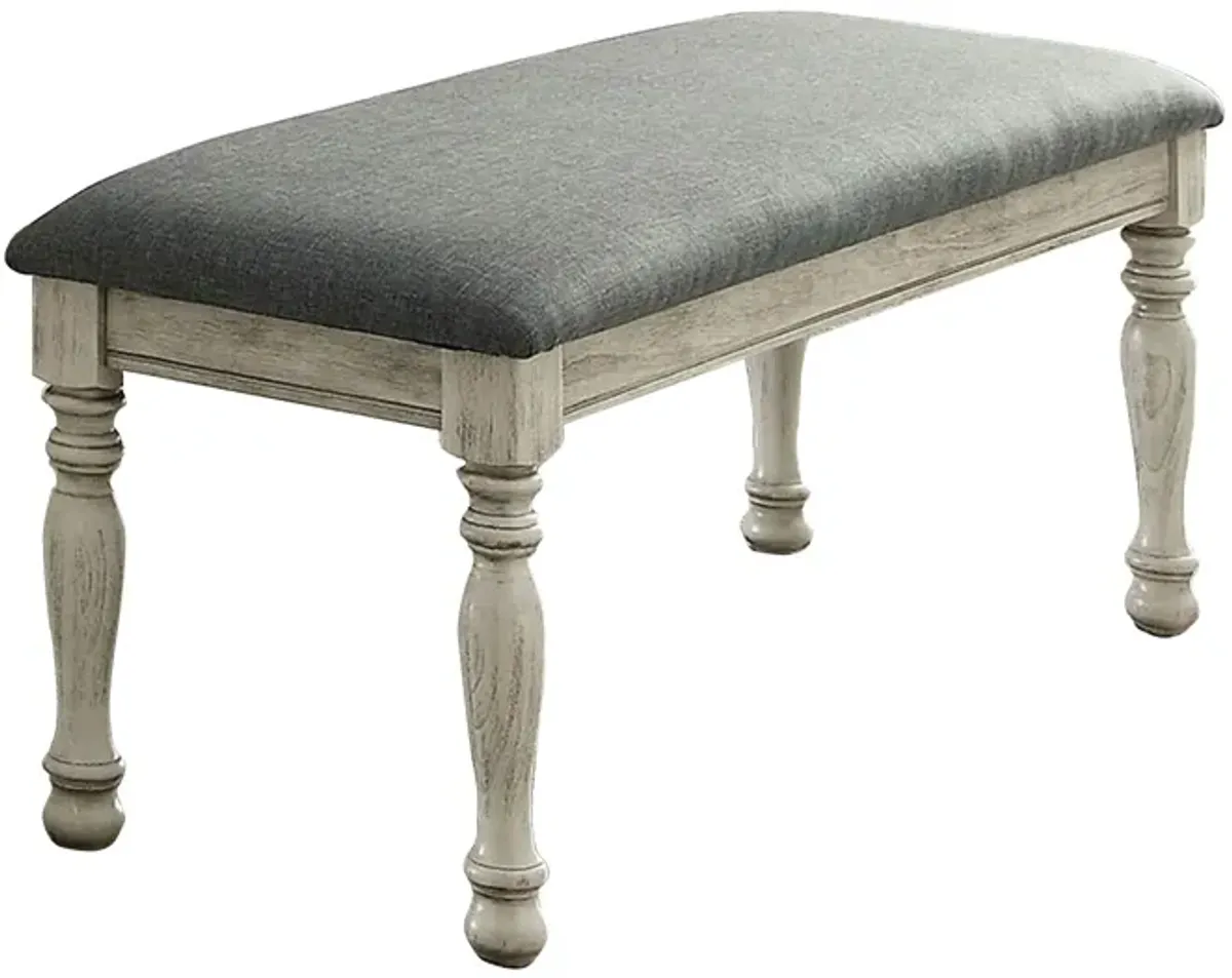 Transitional Fabric Upholstered Wooden Bench, Gray and White-Benzara