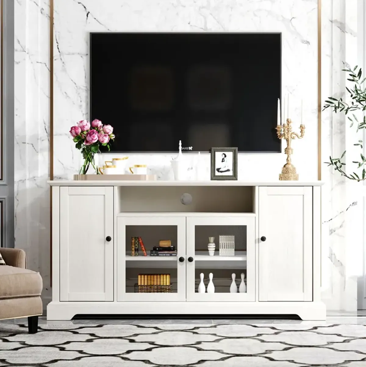 TV Stand for TV up to 65in with 2 Tempered Glass Doors Adjustable Panels Open Style Cabinet, Sideboard for Living room