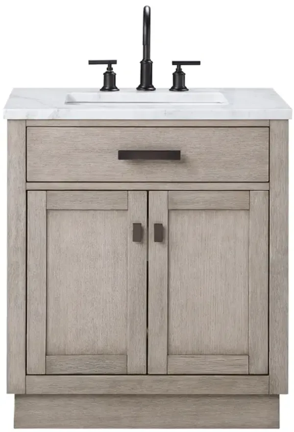 Chestnut 30 In. Single Sink Carrara White Marble Countertop Bath Vanity In Grey Oak with Oil Rubbed Bronze Hardware