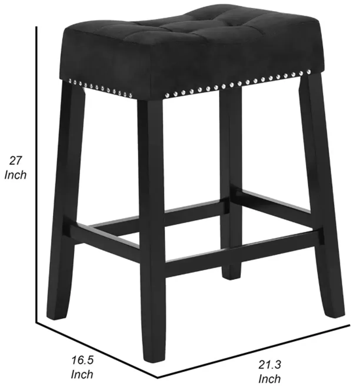 Jordan 26 Inch Counter Height Stool, Saddle Seat, Black Leather and Wood - Benzara