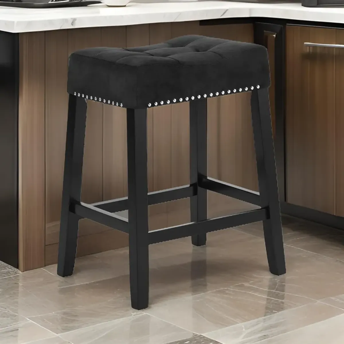 Jordan 26 Inch Counter Height Stool, Saddle Seat, Black Leather and Wood - Benzara