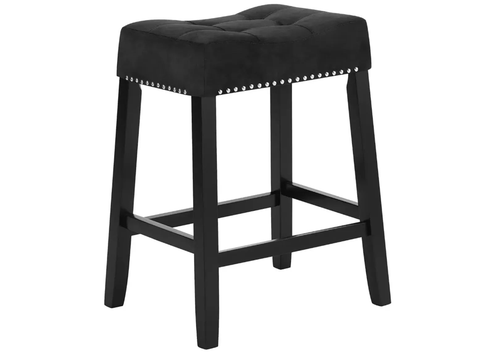 Jordan 26 Inch Counter Height Stool, Saddle Seat, Black Leather and Wood - Benzara