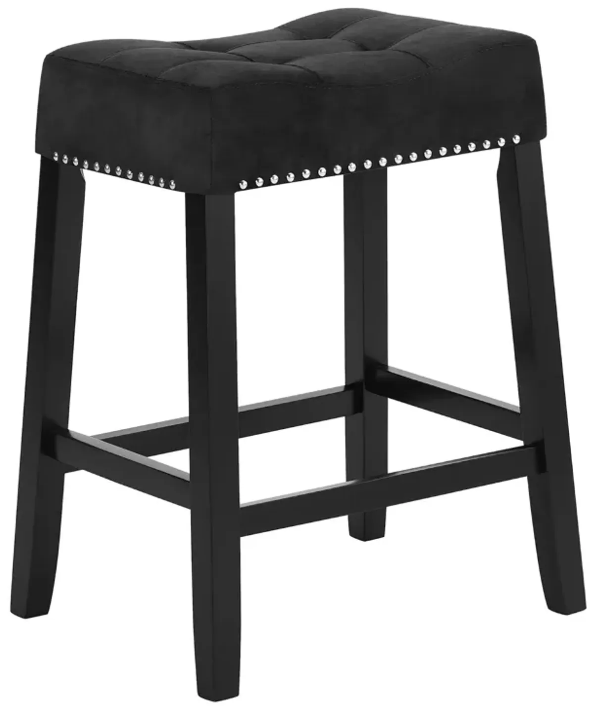 Jordan 26 Inch Counter Height Stool, Saddle Seat, Black Leather and Wood - Benzara