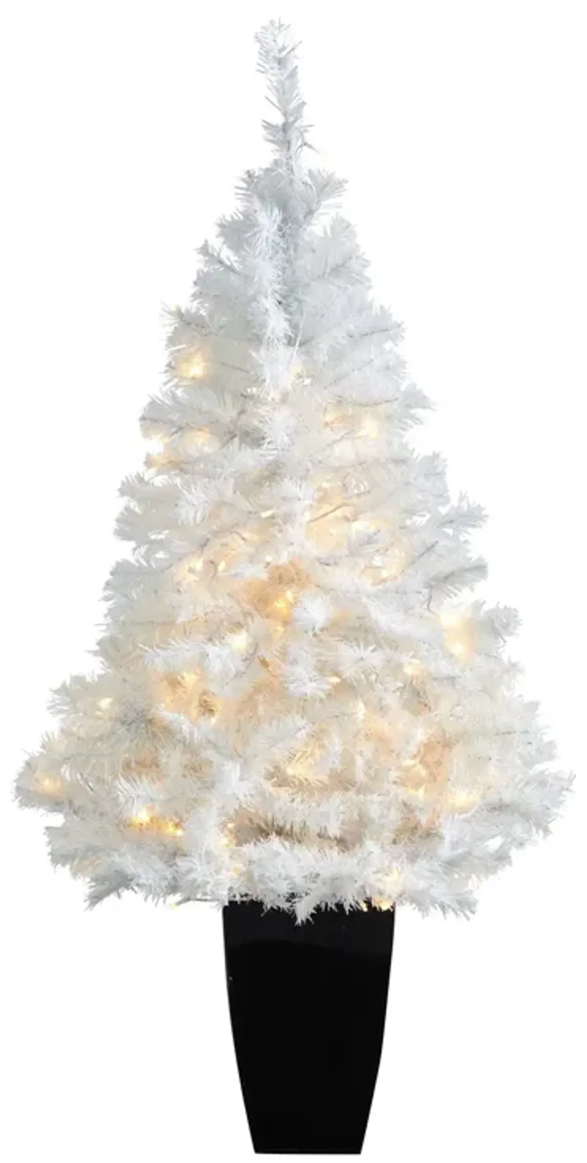 Nearly Natural 50-in White Christmas Tree w/100 LED in Black Metal Planter