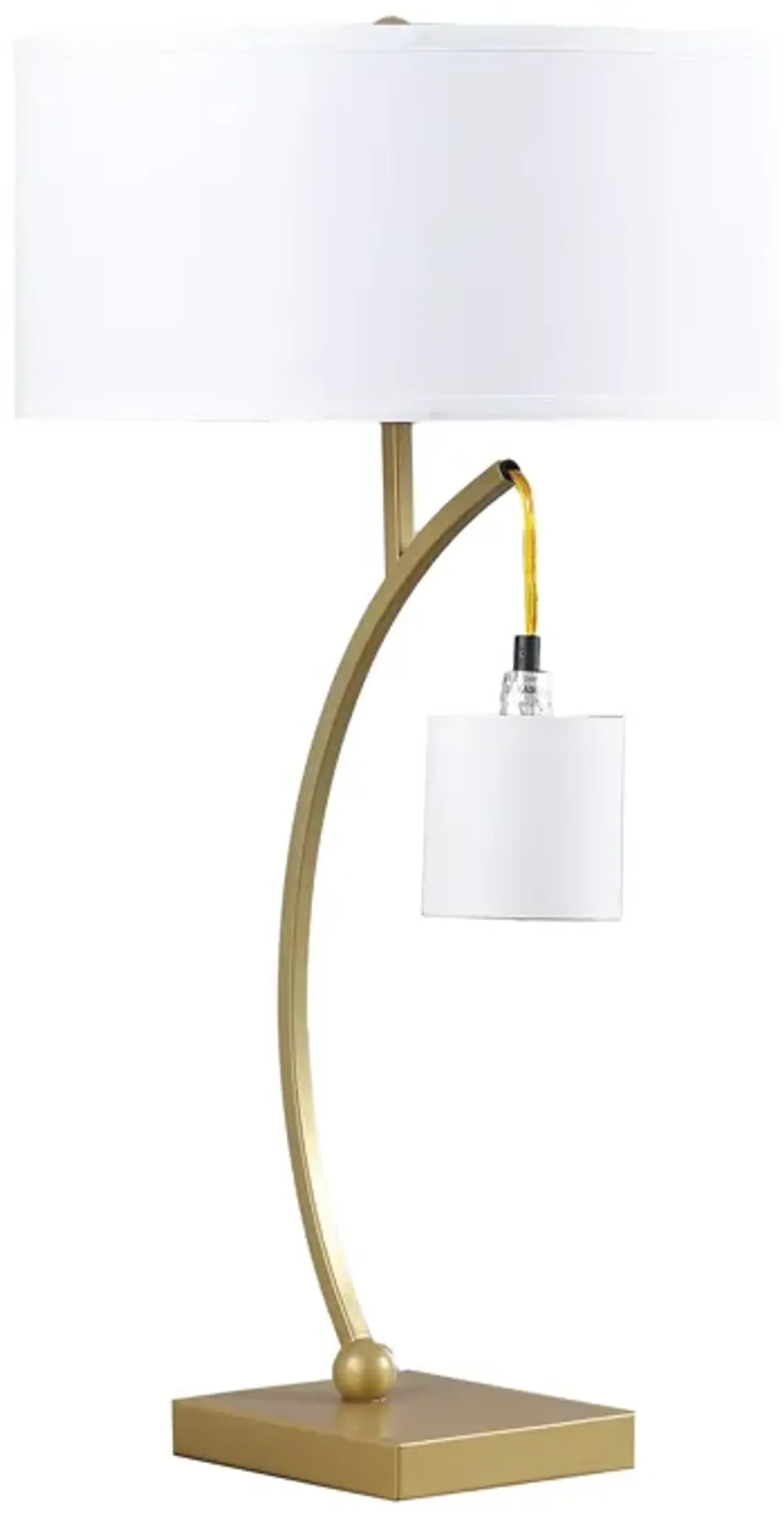 Jiya 29 Inch Arc Table Lamp, Hanging Design, 2 White Drum Shades, Gold - Benzara