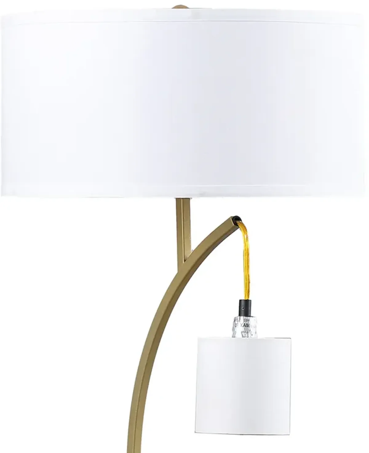 Jiya 29 Inch Arc Table Lamp, Hanging Design, 2 White Drum Shades, Gold - Benzara