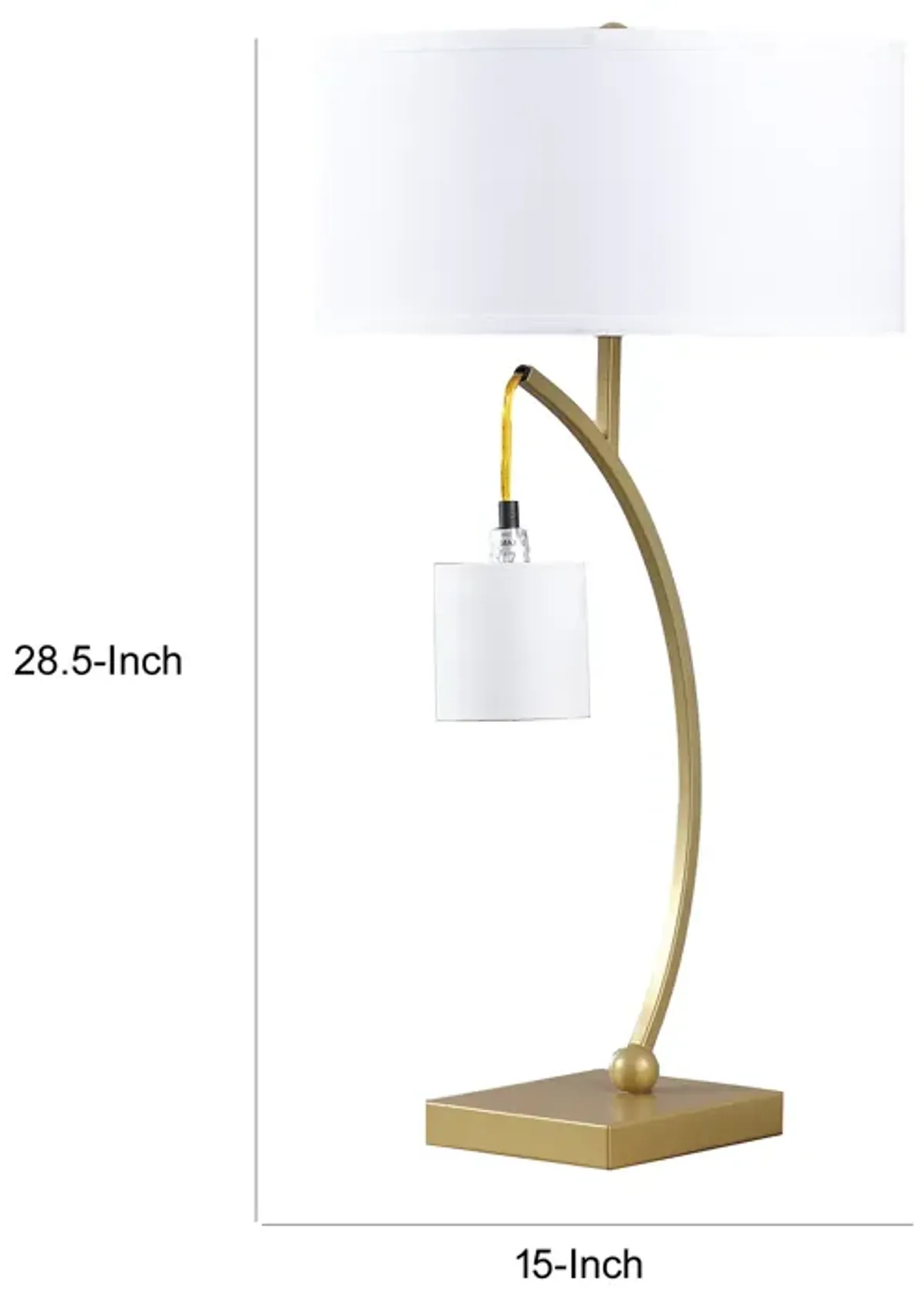 Jiya 29 Inch Arc Table Lamp, Hanging Design, 2 White Drum Shades, Gold - Benzara