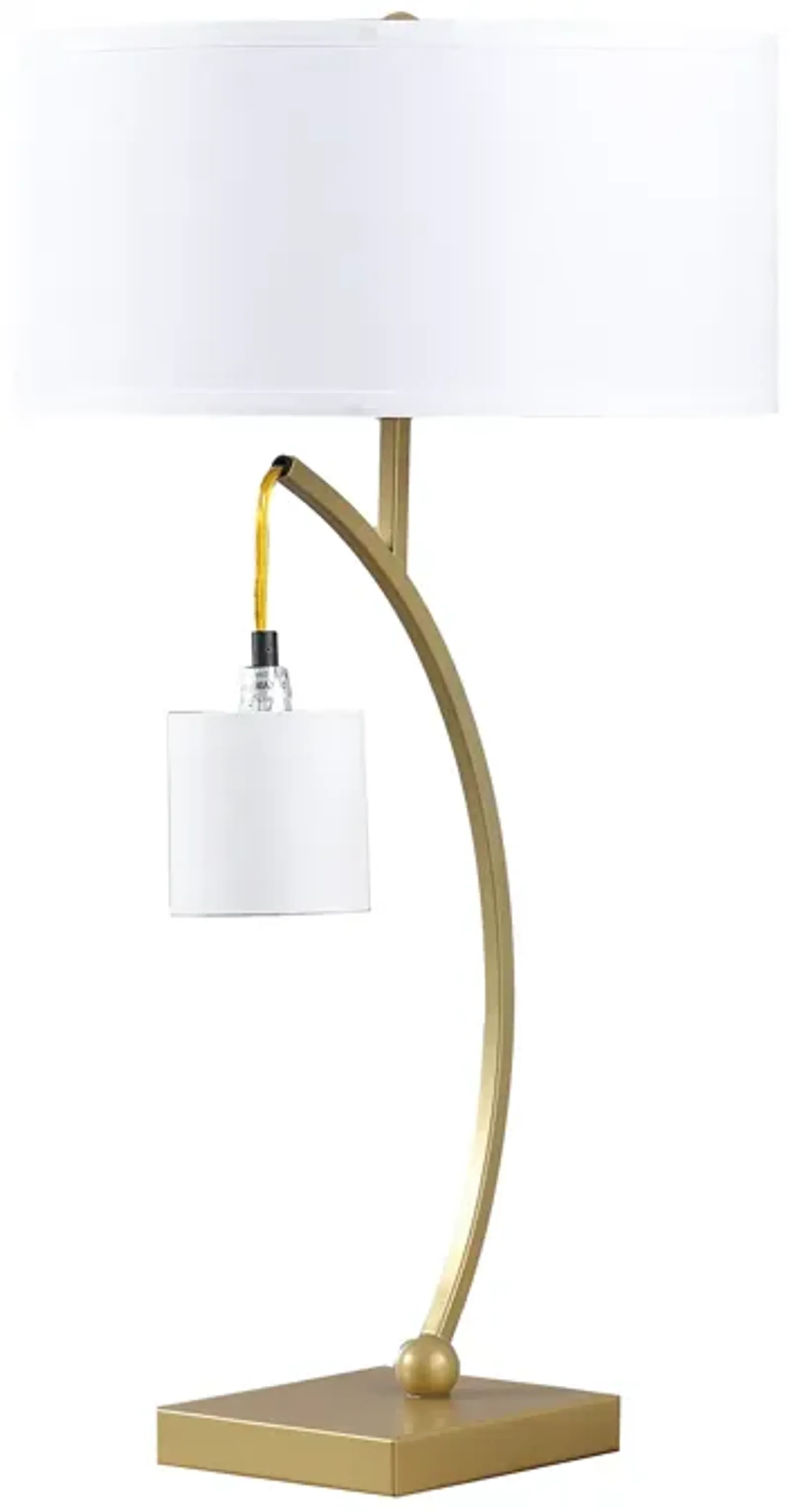 Jiya 29 Inch Arc Table Lamp, Hanging Design, 2 White Drum Shades, Gold - Benzara