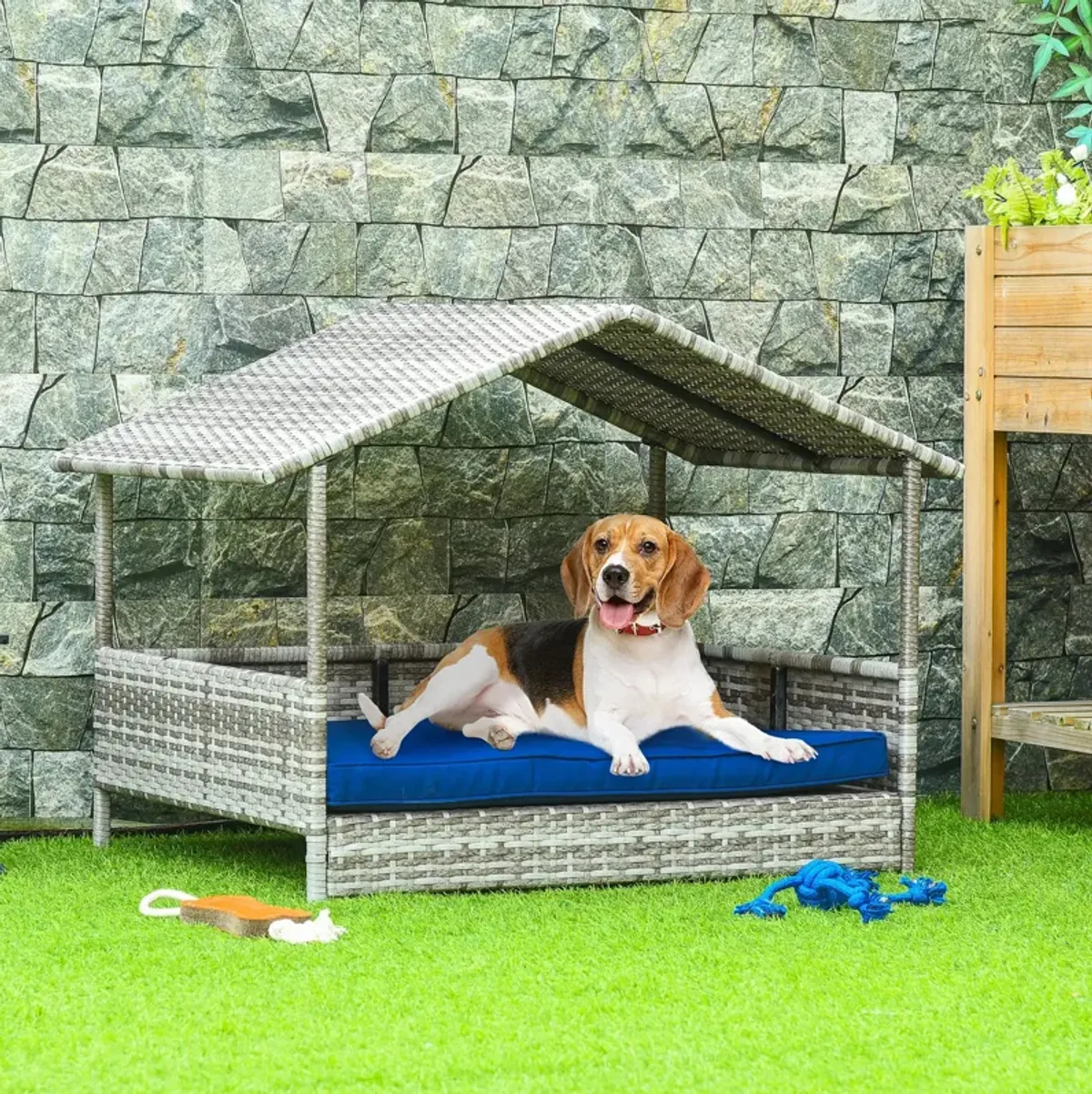 Dark Blue Pet Bed: Wicker Rattan House for Indoor/Outdoor Use