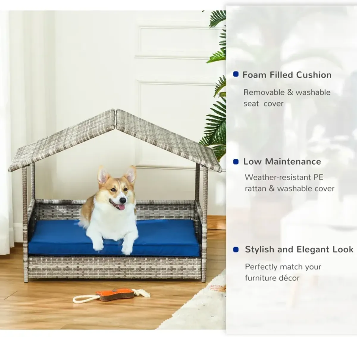 Dark Blue Pet Bed: Wicker Rattan House for Indoor/Outdoor Use