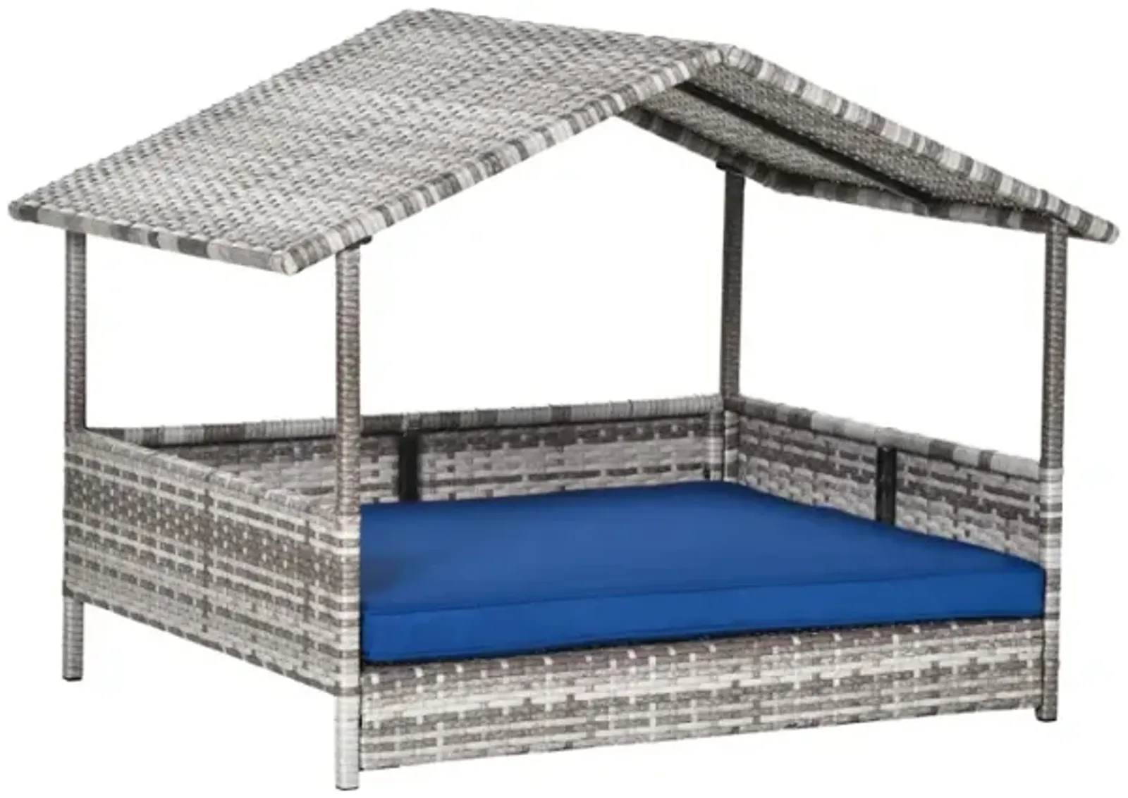 Dark Blue Pet Bed: Wicker Rattan House for Indoor/Outdoor Use