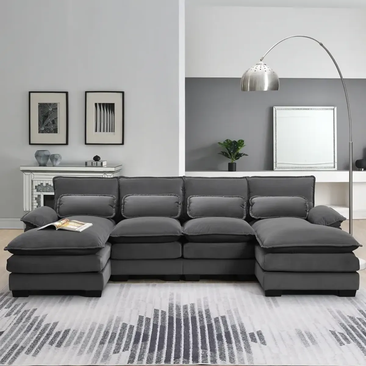 Gewnee Modern U-shaped Sectional Sofa with Waist Pillows,6-seat Upholstered Symmetrical Sofa Furniture