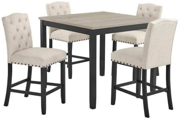 Phy 5pc Counter Table and Chairs Set, Nailheads, Tufted Beige, Brown, Black - Benzara