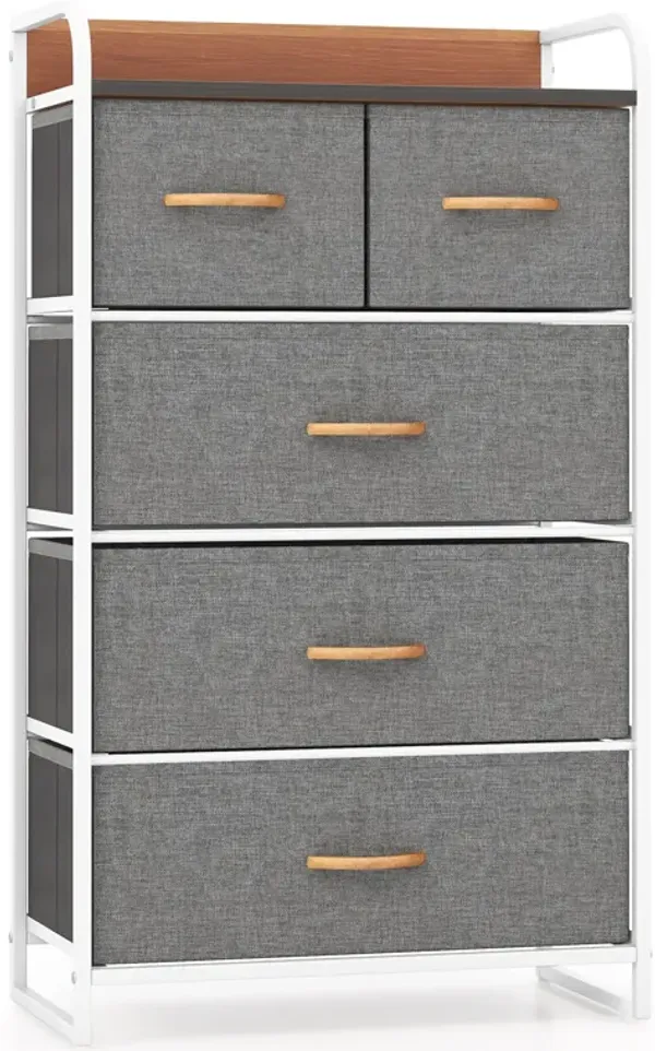 4-Tier Organizer Tower Steel Frame Wooden Top Storage with 5-Drawer Dresser