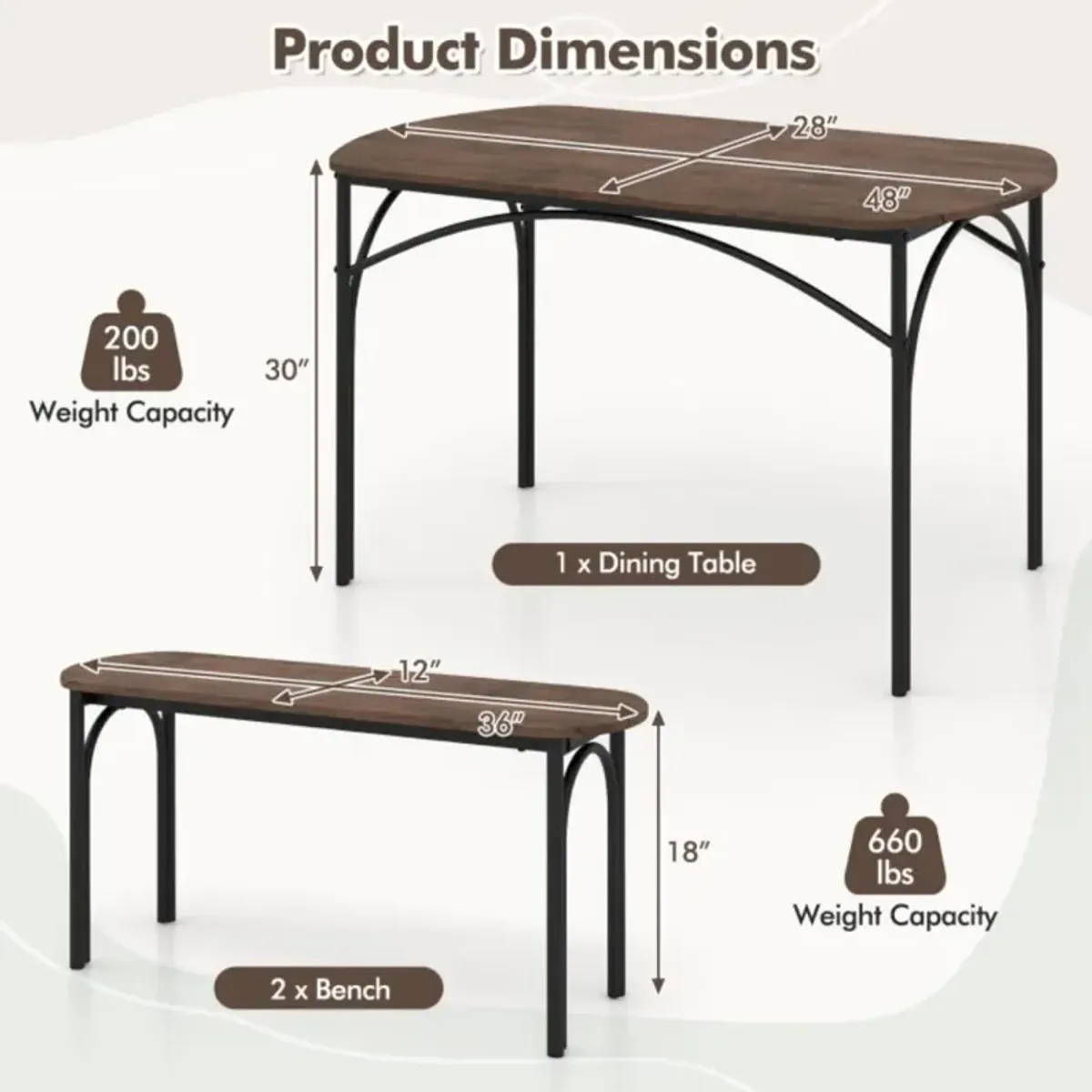 Hivvago 3-Piece Dining Table Set for 4 with Metal Frame