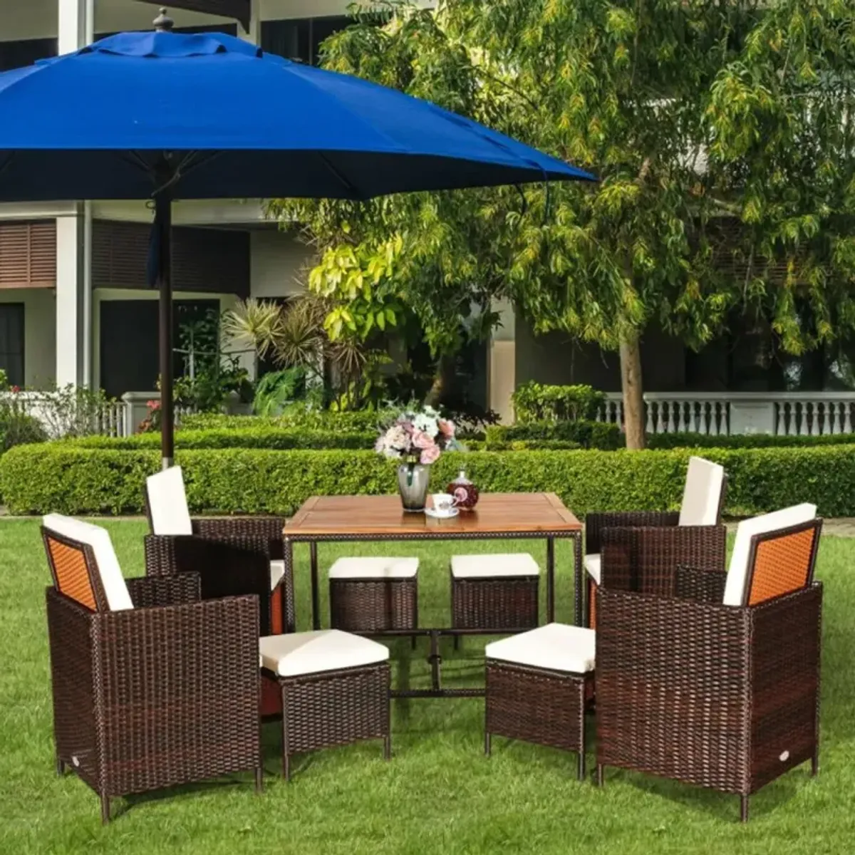 Hivvago 9 Pieces Patio Rattan Dining Cushioned Chairs Set