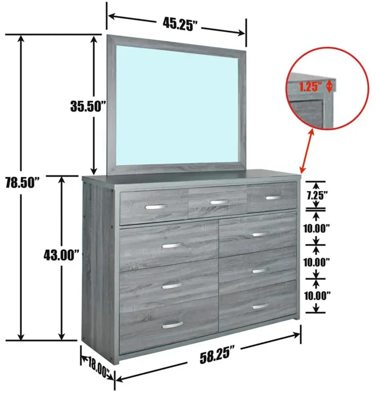 Better Home Products Majestic Super Jumbo 9-Drawer Double Dresser in Gray