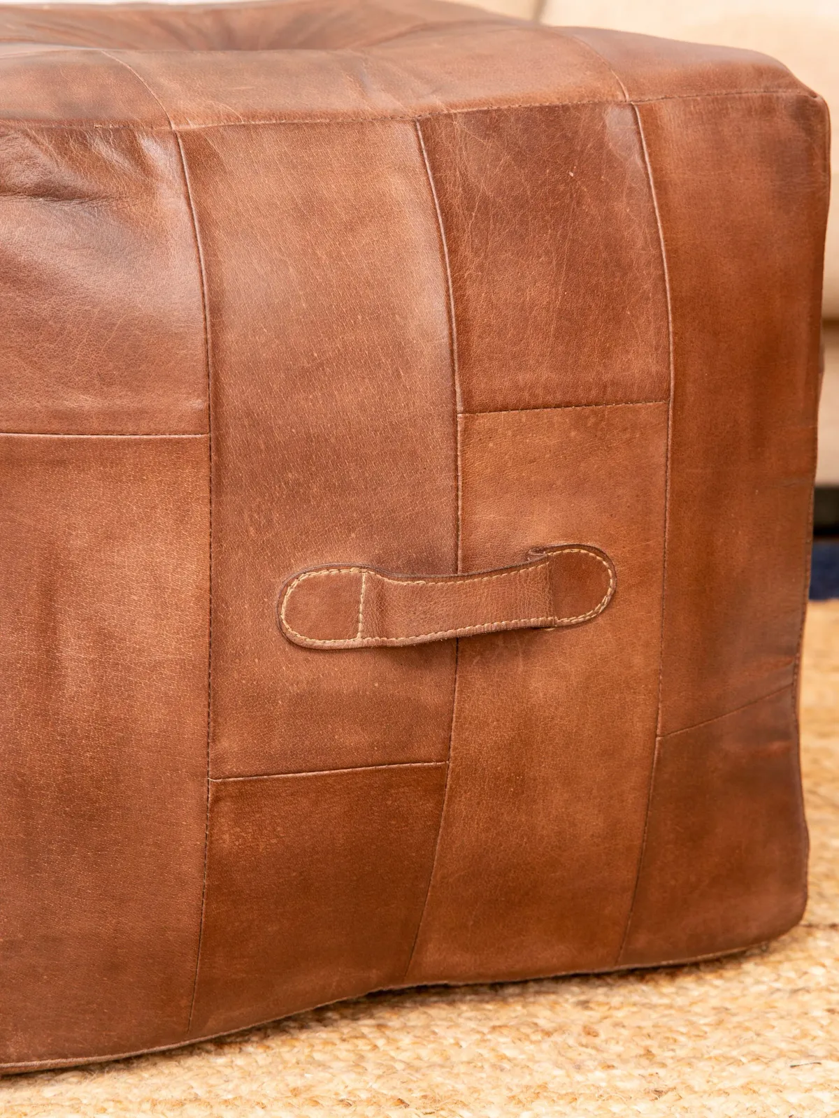 Solid Handmade Buffalo Leather Square Pouf 18"x18"x18" (Recycled Foam with Fibre Fill) Brown Color BBBACPF25 BBH Homes