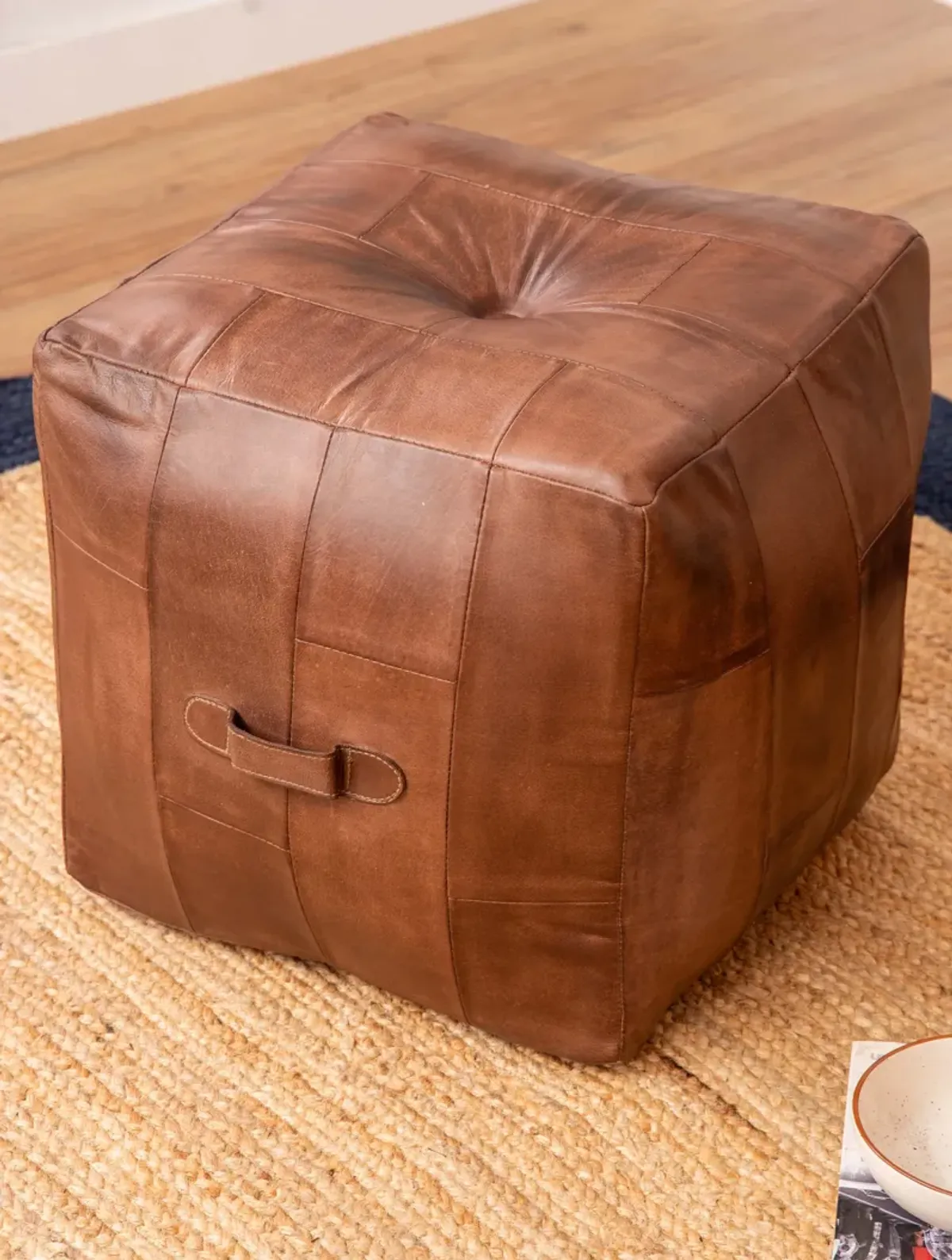 Solid Handmade Buffalo Leather Square Pouf 18"x18"x18" (Recycled Foam with Fibre Fill) Brown Color BBBACPF25 BBH Homes