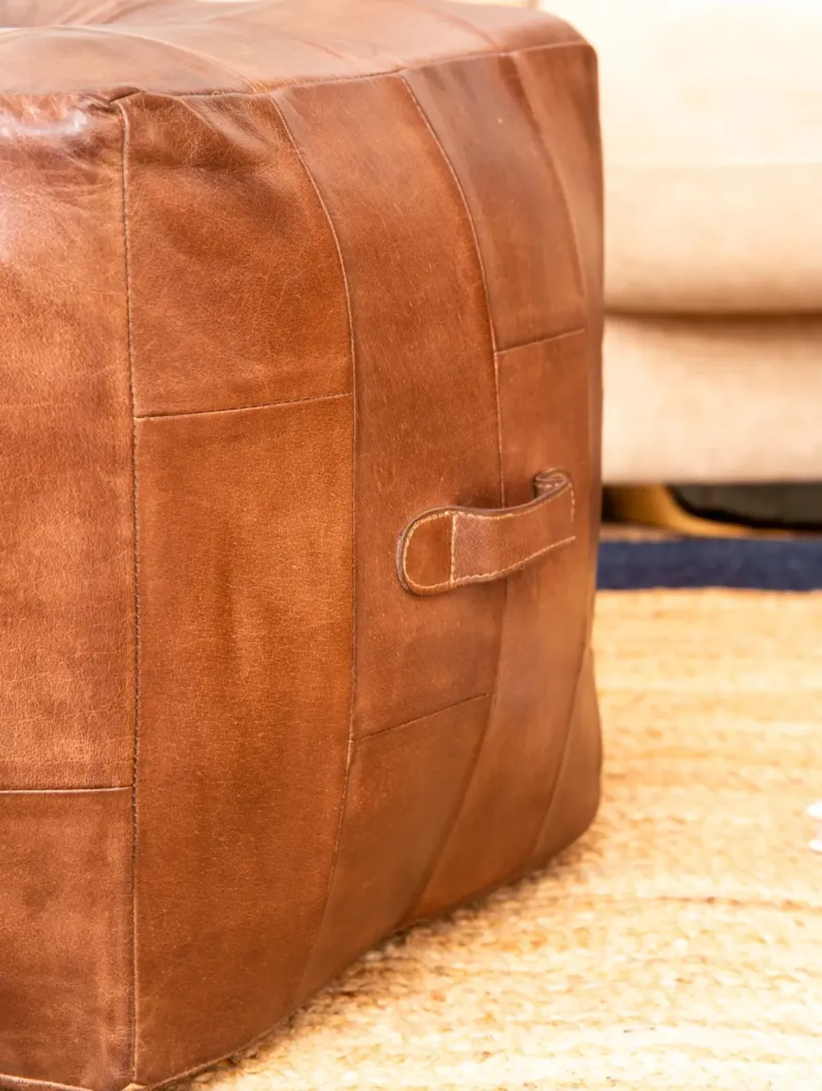 Solid Handmade Buffalo Leather Square Pouf 18"x18"x18" (Recycled Foam with Fibre Fill) Brown Color BBBACPF25 BBH Homes