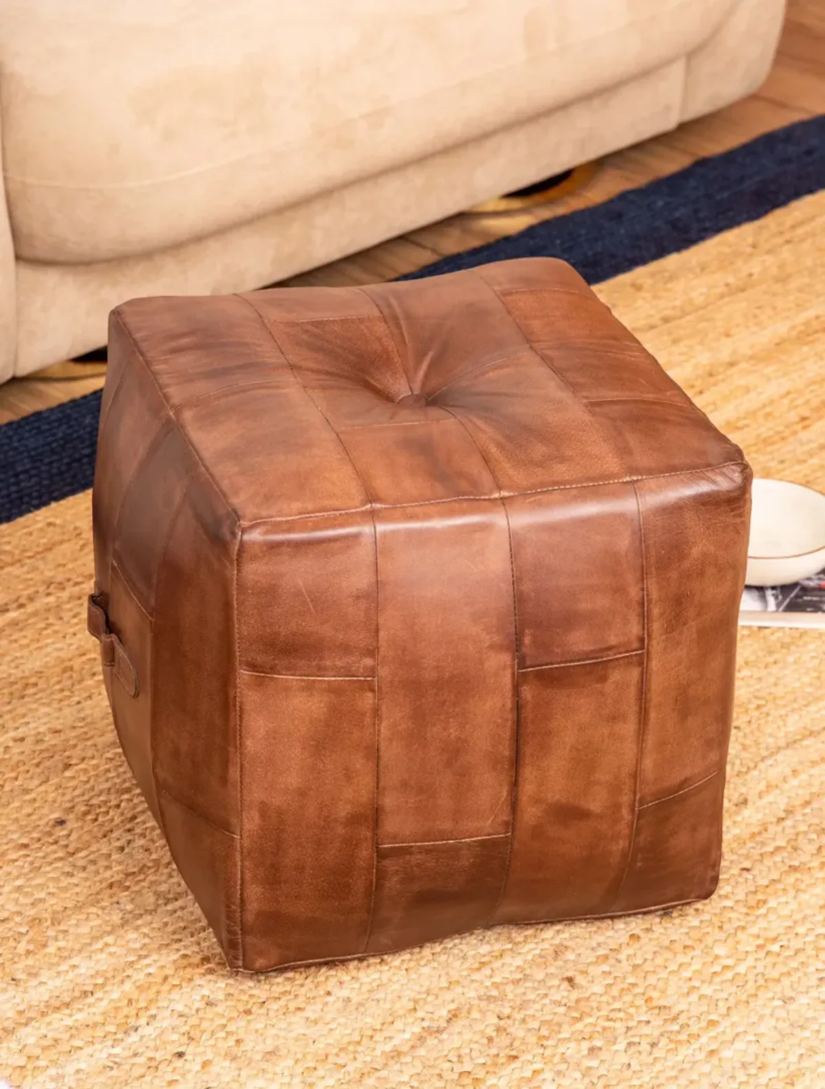 Solid Handmade Buffalo Leather Square Pouf 18"x18"x18" (Recycled Foam with Fibre Fill) Brown Color BBBACPF25 BBH Homes