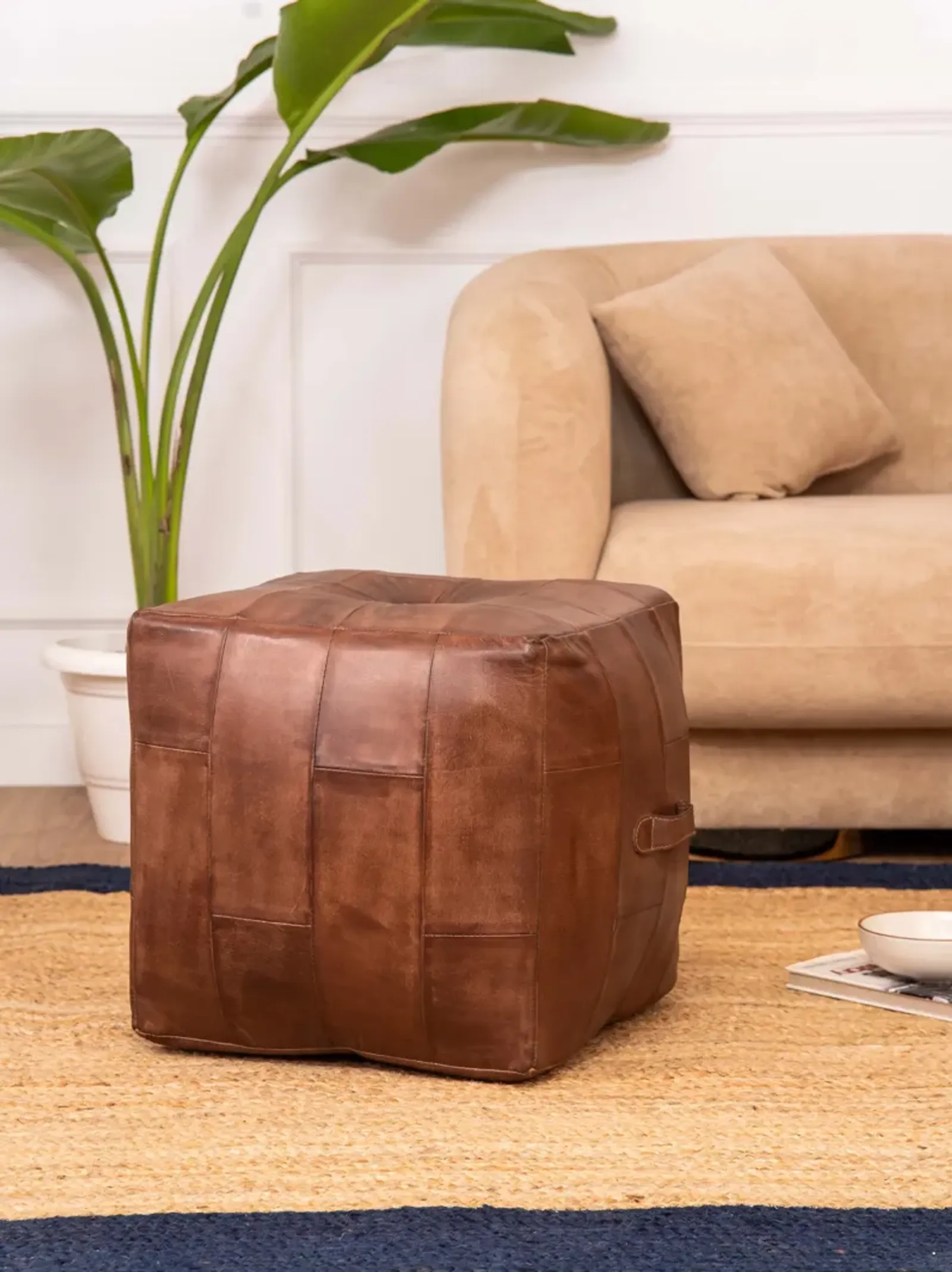 Solid Handmade Buffalo Leather Square Pouf 18"x18"x18" (Recycled Foam with Fibre Fill) Brown Color BBBACPF25 BBH Homes