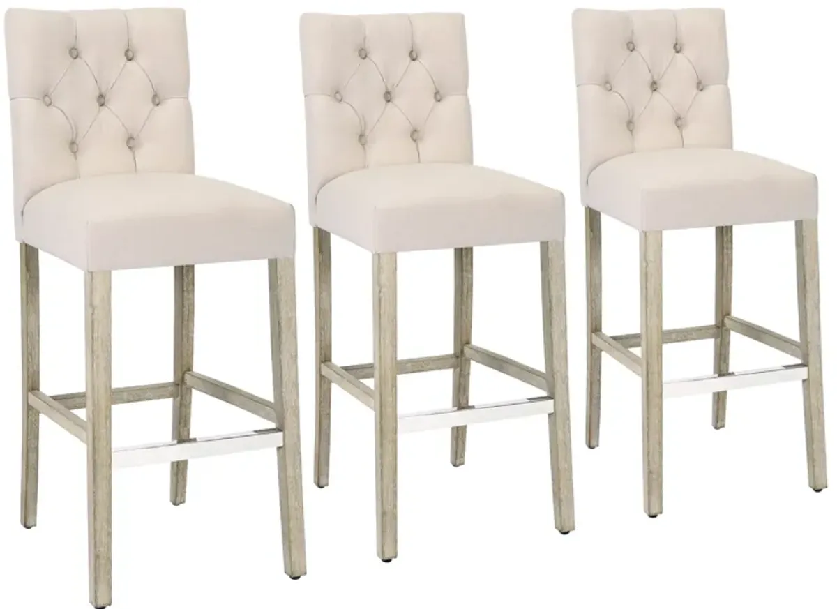 WestinTrends 29" Linen Fabric Tufted Upholstered Bar Stool (Set of 3), Antique Grey