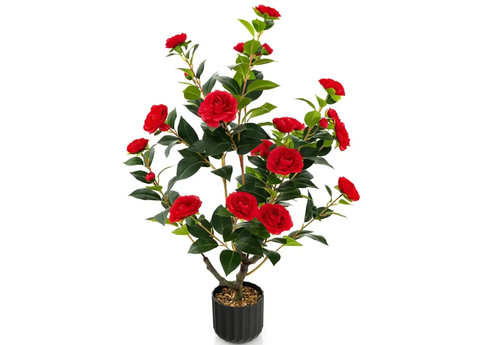 38 Inch Artificial Camellia Tree Faux Flower Plant in Cement Pot