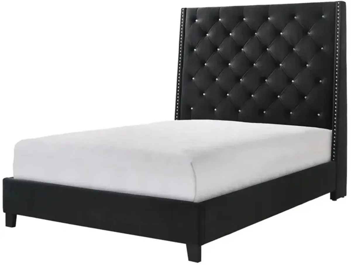 Benjara Maze Queen Size Bed, Button Tufted, Nailhead Trim, Black Fabric Upholstery