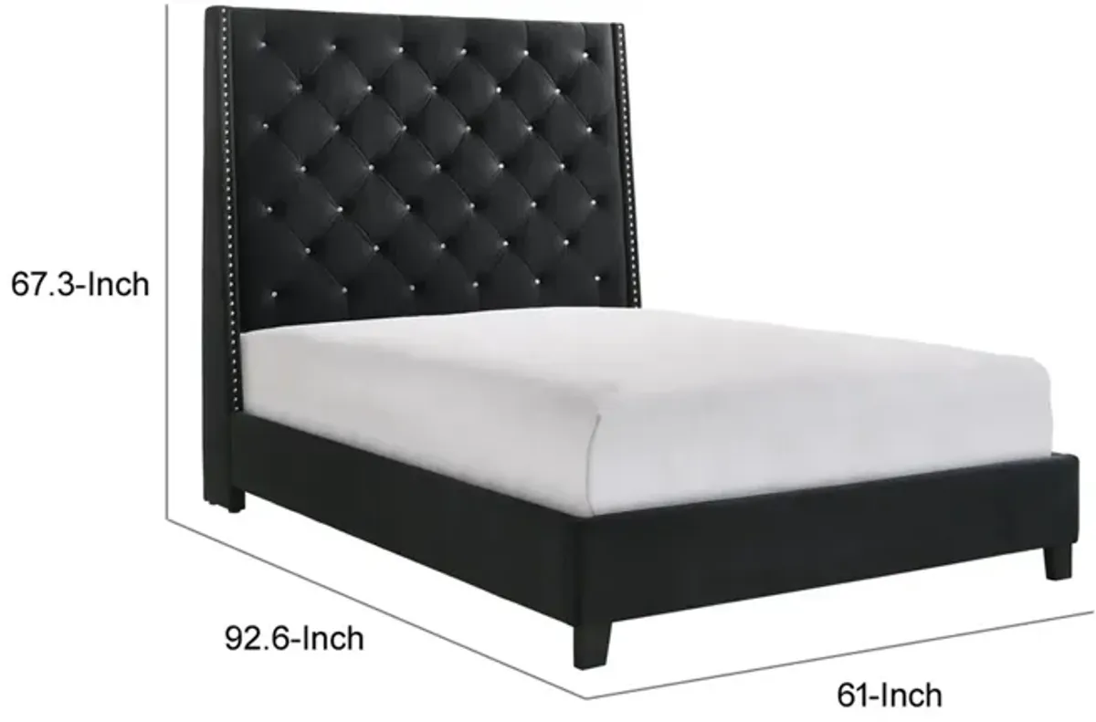 Benjara Maze Queen Size Bed, Button Tufted, Nailhead Trim, Black Fabric Upholstery