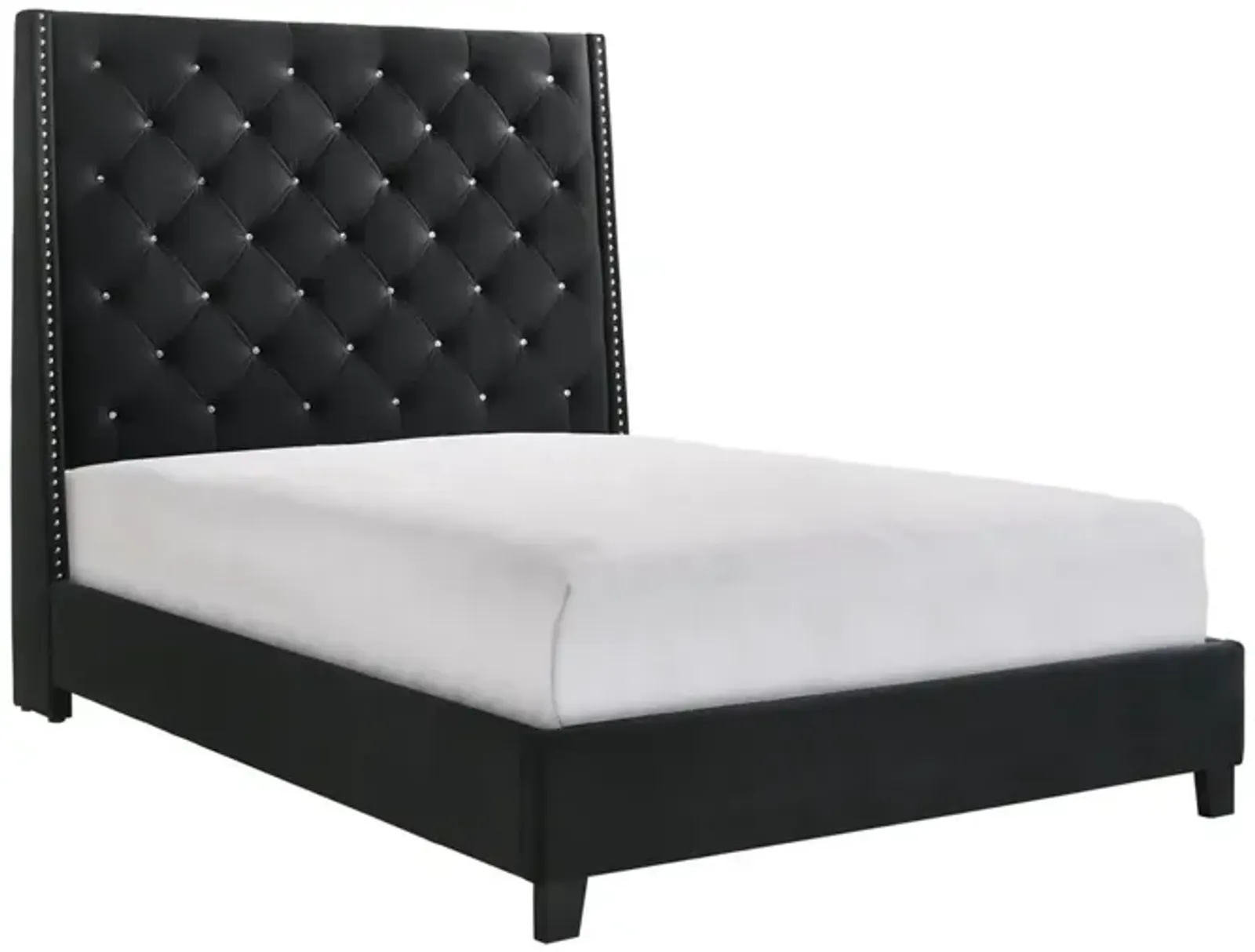 Benjara Maze Queen Size Bed, Button Tufted, Nailhead Trim, Black Fabric Upholstery