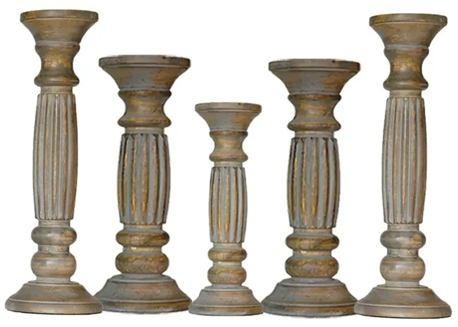 Traditional Gray Wash Eco-friendly Handmade Mango Wood Set Of Five 15",12",9",12" & 15" Pillar Candle Holder