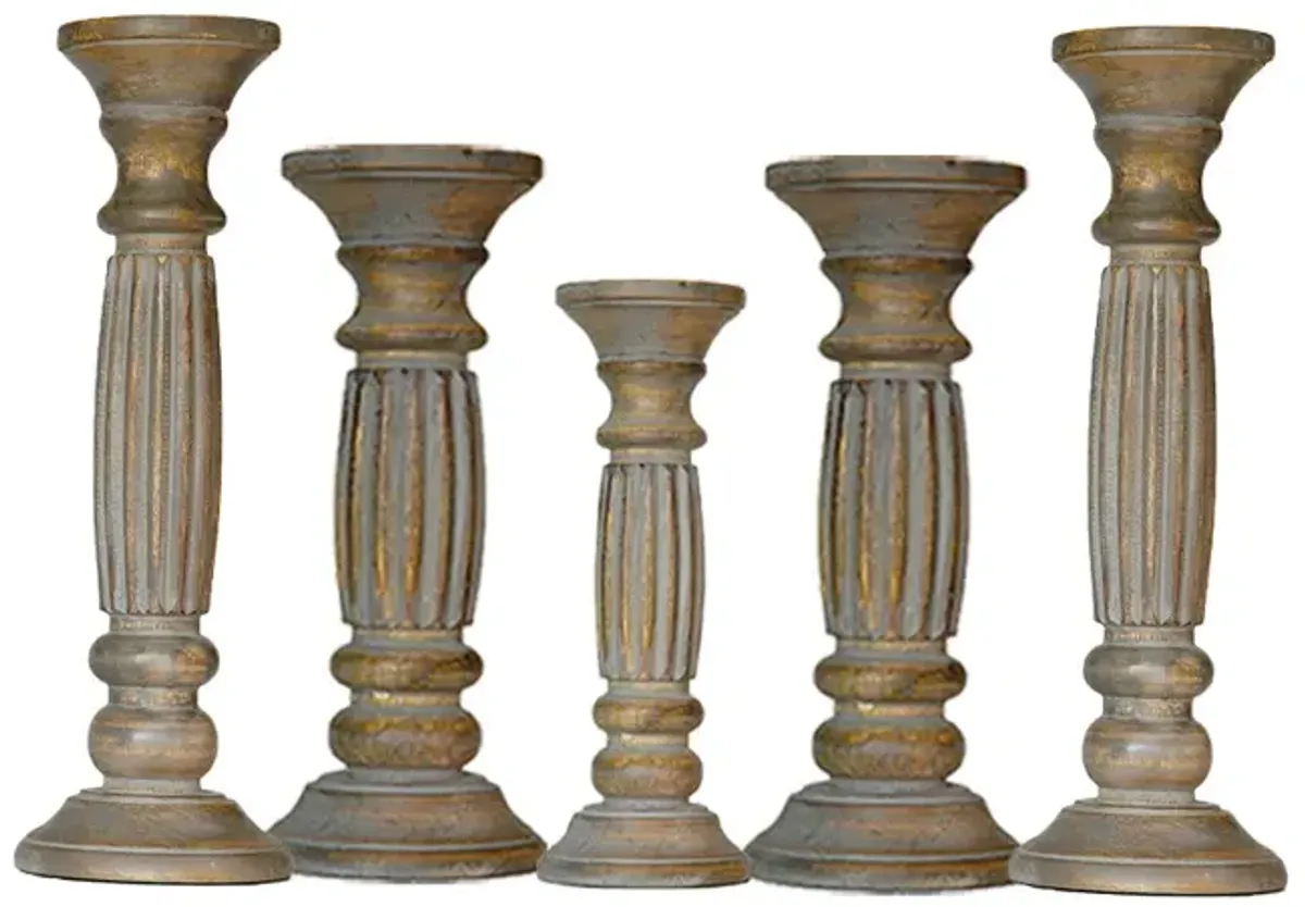 Traditional Gray Wash Eco-friendly Handmade Mango Wood Set Of Five 15",12",9",12" & 15" Pillar Candle Holder