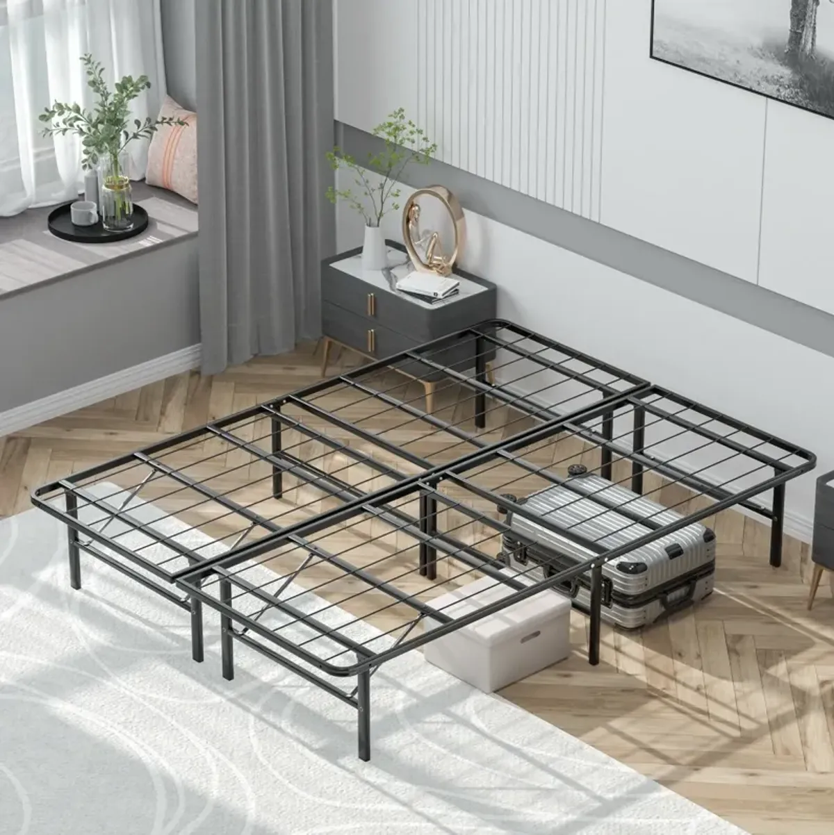 Full/Queen Size Foldable Metal Platform Bed with Tool-Free Assembly