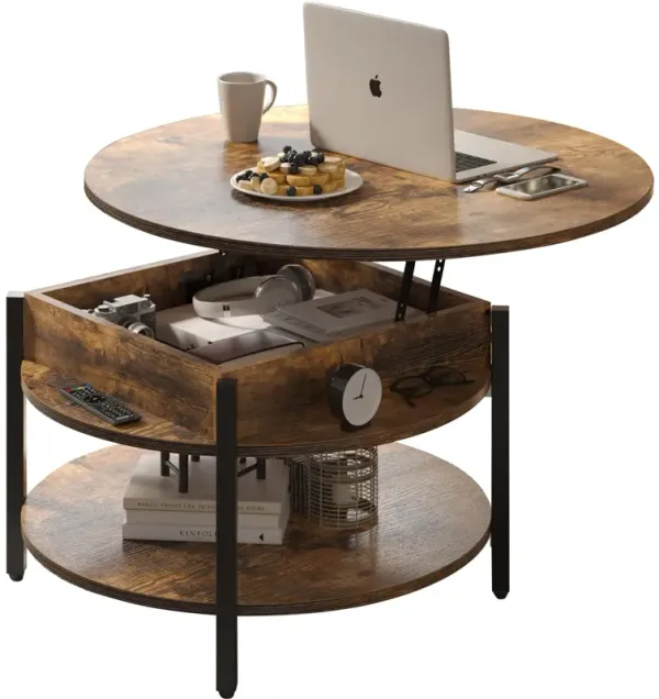FABATO Round Lift Top Coffee Table with Storage and Hidden Compartment, 26.77'' Farmhouse Coffee Table for Living Room Reception